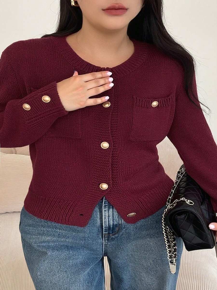 Dazy Plus Plus Size Front Button Crew Neck Fitted Burgundy Cardigan Fall,Winter - Burgundy - View 1