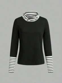 SHEIN LUNE 女士圆领长袖纯色拼接简约休闲上衣 - 彩色 - 查看 1