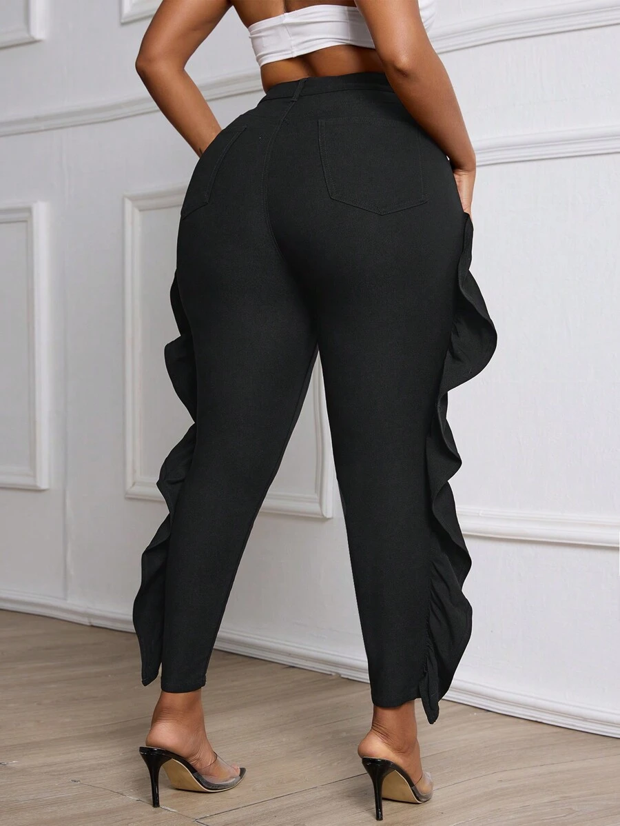 Plus Size Women Jeggings With Ruffle Sides, Black - Black - View 1