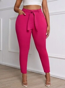 Plus Size Women Stretch Skinny Jeans With Rose Red Fashionable Belt Design - Hot Pink - View 1