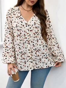 SHEIN LUNE 大码休闲全印花灯笼袖衬衫，适合秋季派对衬衫，优雅的办公穿着，大码女士优雅通勤简约时尚百搭畅销衬衫，春夏百搭流行设计时尚日常穿着优雅衬衫女式衬衫 - 米色 - 查看 3