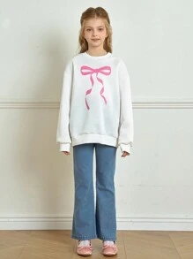 SHEIN 2 件套青少年女孩蝴蝶结运动衫和喇叭牛仔裤，休闲公主芭蕾风格