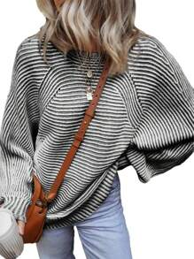 INAWLY Women Striped Crew Neck Pullover Sweater, Autumn/Spring Apparel