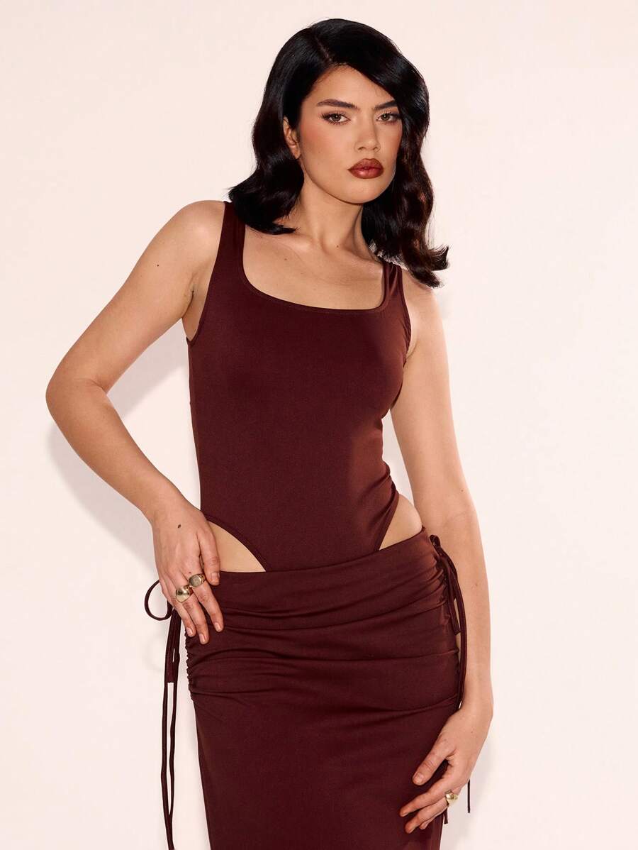 MUSERA 方领修身连体衣，休闲春夏度假派对优雅时尚 - 咖啡棕 - 查看 1