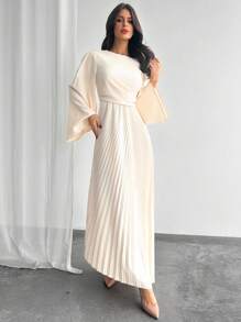 Firerie New Year Valentine's Day Women's Solid Color Round Neck Flare Sleeve Pleated Asymmetric Hem Elegant Dress