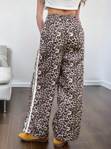 SHEIN 少女豹纹系带简约风格长裤，日常休闲装 - 棕色 - 查看 2