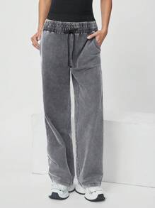 Muchica Women's Gray Marled Drawstring Waist Straight Leg Casual Knit Sweatpants - Grey - View 4