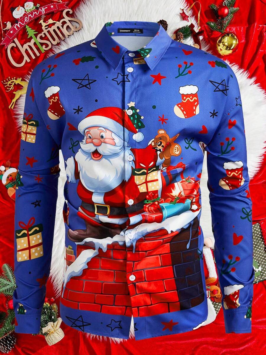 Mainfolk Plus Size Men's Loose Santa Claus, Christmas Tree, Gift & Bear ...