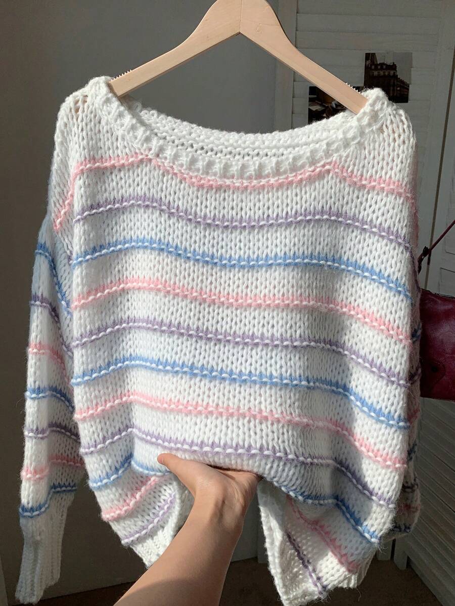 SHEIN EZwear Damen Off-Shoulder gestreifter Pullover, einfach und modisch, geeignet für Frühling und Herbst