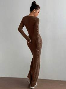 SHEIN Unity Long Casual V-Neck Versatile Sweater Dress - Chocolate Brown - View 2