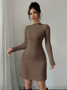 Chiquease Bodycon Ribbed Knitted Dress Sweater Dress - Mocha Brown - View 4