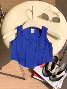 Casual Minimal Baby Girls Print Knit Sleeveless Square Neck Crop Top 2pcs Set, Summer - Multicolor - View 4