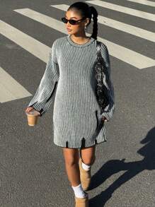SHEIN Unity 女士条纹圆领长袖简约短款针织毛衣连衣裙 - 黑色 - 查看 7