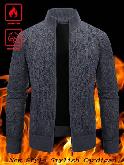 Manfinity Homme كارديجان رجالي كبير الحجم بياقة عالية، كارديجان محبوك مبطن حراري، خريف/شتاء، بأكمام طويلة