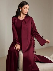 Al Najma Women's Solid Color Tie Collar Bow Detail Elegant Long Sleeve Abaya Robe, Modest Elegant Open Abayas, For Casual Daily/Party - Burgundy - View 7