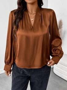 SHEIN Essnce Plus Size Women's Spring Vacation New Fashion Commuter Business Casual Elegant Women's French Satin V-Neck Long-Sleeved Design Outing Blouse
