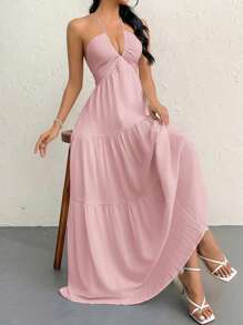 Firerie Váy hở lưng bằng vải chiffon có dây buộc phía sau dành cho nữ khi đi nghỉ dưỡng, đám cưới, sự kiện - Màu Hồng baby - Xem 3