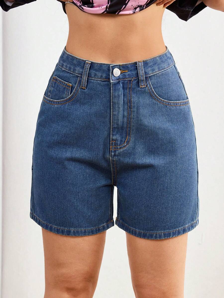 SHEIN EZwear 女式简约前扣口袋休闲牛仔短裤