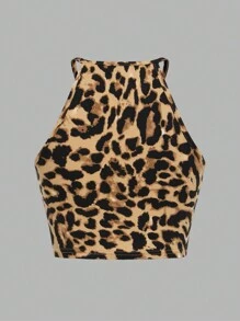 SHEIN EZwear 女士休闲简约多色针织豹纹纯色背心 - 彩色 - 查看 4