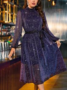 SHEIN Clasi Vestido morado brillante con mangas largas, semi-transparente y forrado, talla grande, elegante para fiesta de Año Nuevo - Morado - Ver 5