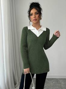 Elenzga Color Block 2 In 1 Long Sleeve Sweater For Women Knit Pullover Fall Winter Sweater - Army Green - View 6