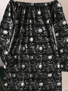 INAWLY 大码女式哥特式全身骷髅印花露肩连衣裙 - 黑色 - 查看 2