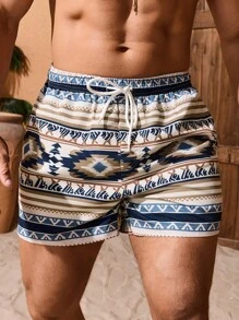 Manfinity VDAYZ 男士系带前口袋印花沙滩短裤，休闲度假，夏威夷风 - 彩色 - 查看 6