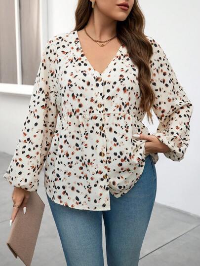 SHEIN LUNE Plus Size Casual Full Print Lantern Sleeve Blouse For Autumn Party Shirts Elegant Office Wear, Plus Size Women Elegant Commuter Simple Fashion Versatile Bestseller Shirt ,Spring/Summer Versatile Popular Design Stylish For Everyday Wear Elegant Blouse Women Shirt