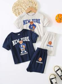 SHEIN Conjunto de 4 piezas para bebé niño/niña de verano con Top de manga raglán de cuello redondo con diseño de oso de peluche de dibujos animados y shorts de cintura elástica