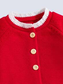 Young Girls Round Neck Cardigan, Children Frill Trim Knitted Sweater For Autumn/Winter - Red - View 5