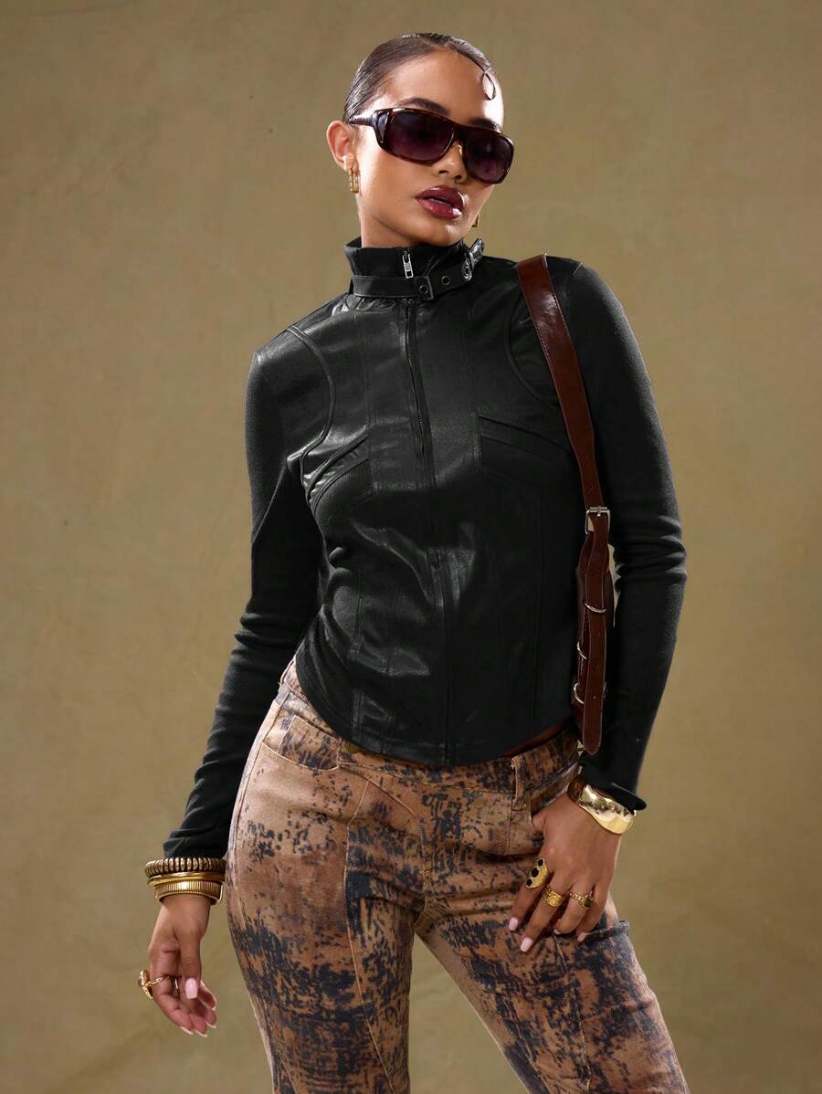 MUSERA 秋季，仿皮，复古外观高领拼接 PU 夹克