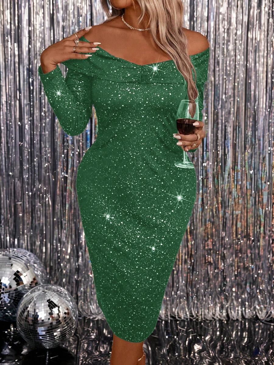 SHEIN Clasi 大码女式针织花边露肩长袖常规优雅派对礼服，橄榄绿，秋冬情人节 - 墨綠色 - 查看 1