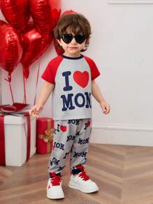 SHEIN Baby Boys Red Color Block Letter Heart Graphic Print Long Sleeve Top And Elastic Waist Pants 2 Pieces Outfit, Suitable For Spring, Autumn, Valentine's Day Party - Multicolor - View 6