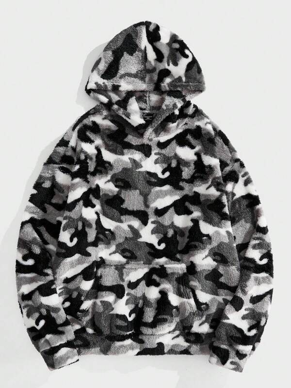 Manfinity VCAY Plus Size Men's Casual Double-Sided Fleece Camo Loose Drop Shoulder Hoodie Sweatshirt, Suitable For Autumn/Winter