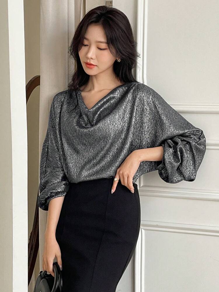 French Elegant Elegant Ruffled Collar Textured Long Sleeve Women Shirt,Fall Women Clothes Luxury Sequin