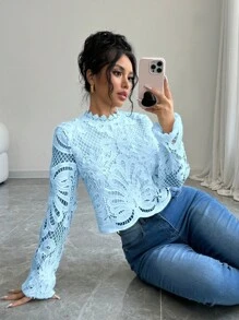 Elenzga Elegant Solid Color Lace Long Sleeve Cropped Shirt Fall Cloth For Women