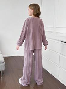 SHEIN 2 pezzi set da ragazza pre-adolescente composto da maglia girocollo ampia con costine e tinta unita, con applicazioni, e pantaloni abbinati con vita elastica, adatto per uso quotidiano, casual, scuola, colore rosa antico