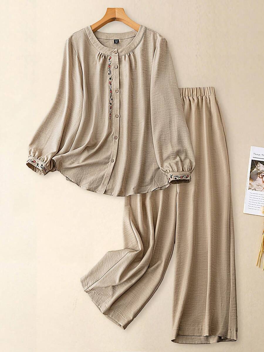 SHEIN LUNE 2 件大码女式编织休闲两件套，秋季 - 杏色 - 查看 1