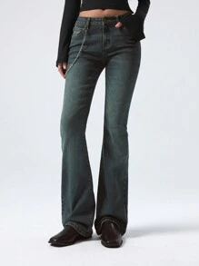 LYSMO 女式口袋喇叭休闲百搭牛仔裤 - 橄欖綠 - 查看 2