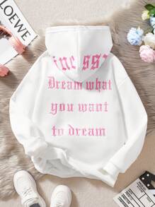 SHEIN Tween Girl Autumn/Winter New Arrival Back Embroidered Text & Letter Hooded Sweatshirt