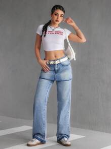 SHEIN EZwear Women's Casual Washed 2 In 1 Denim Pants - Light Wash - View 4