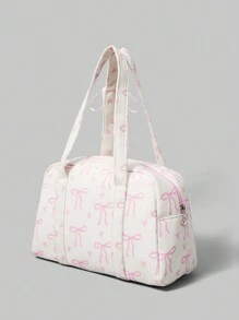 ROMWE Kawaii 灯芯绒蝴蝶结时尚便携式蝴蝶和心形印花女士手提包，粉色 - 米色 - 查看 2