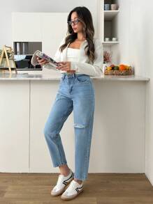 EURMUSE Women's Front Button Pocket High Waist Ripped Simple Denim Jeans - Medium Wash - View 4