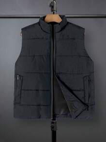 Manfinity Homme Plus Size Men's Solid Color Stand Collar Sleeveless Winter Jacket - Dark Grey - View 3