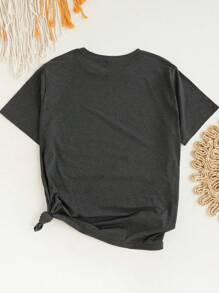 SHEIN LUNE Camiseta de manga corta de cuello redondo con diseño abstracto de Papá Noel para mujeres