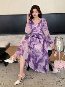 DAZY Vestido con estampado floral de manga abullonada y cuello en V de longitud media para mujeres