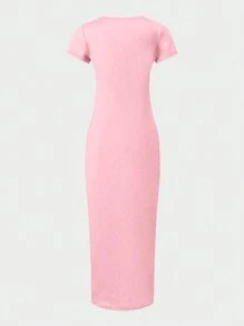 SHEIN Wildeya Vestido casual de manga corta y longitud a la rodilla, sencillo y combinable, para adolescentes