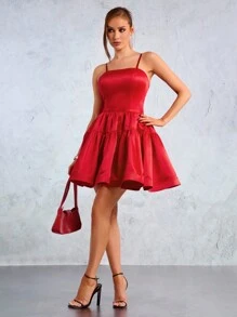SHEIN SXY New Year Party Elegant Casual Sexy Nightclub Wedding Season Valentine's Day Date Must-Have Red Festive Satin Fluffy Pleated A-Line Princess Dress Hemline Slim Mini Dress - Red - View 5