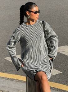 SHEIN Unity 女士条纹圆领长袖简约短款针织毛衣连衣裙 - 黑色 - 查看 4