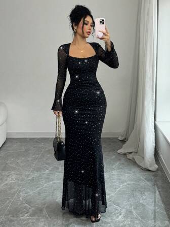 Rafferiza Elegant fest Asymmetrisk hals veckad fram- och sida Bodycon sjöjungfrufåll Långärmad flare manschettklänning för kvinnor i svart, höst/vinter, jacquardstickat meshtyg med silverfolie Maxi damoutfit